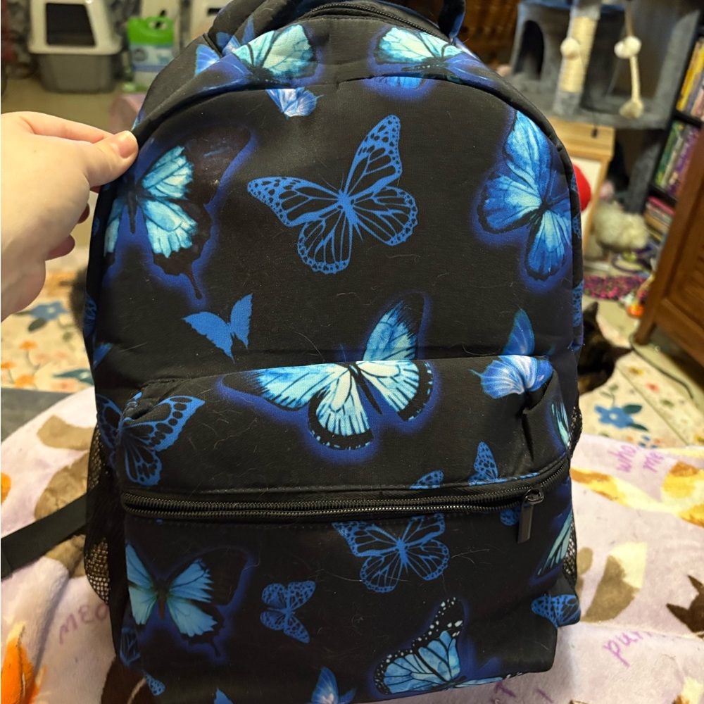 Black Backpack with Blue Butterflies
